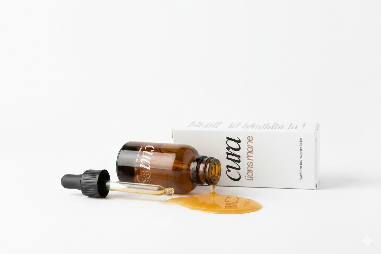 cura Lion's Mane tincture bottle with dropper
